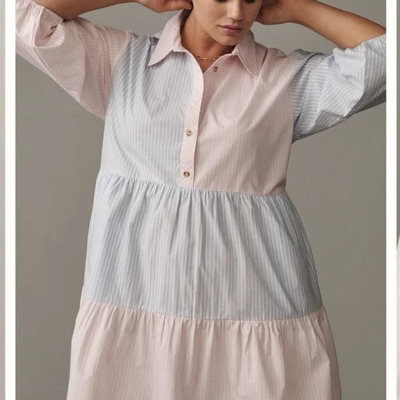 Two-Tone Pastel Pink & Blue  Bettina Stripe Mix Tiered Mini Shirt Dress by Maeve - Picture 4 of 6